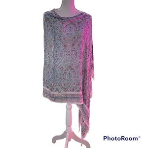 J Jill Poncho 1 size Model Rayon Blue/Red with white fringe